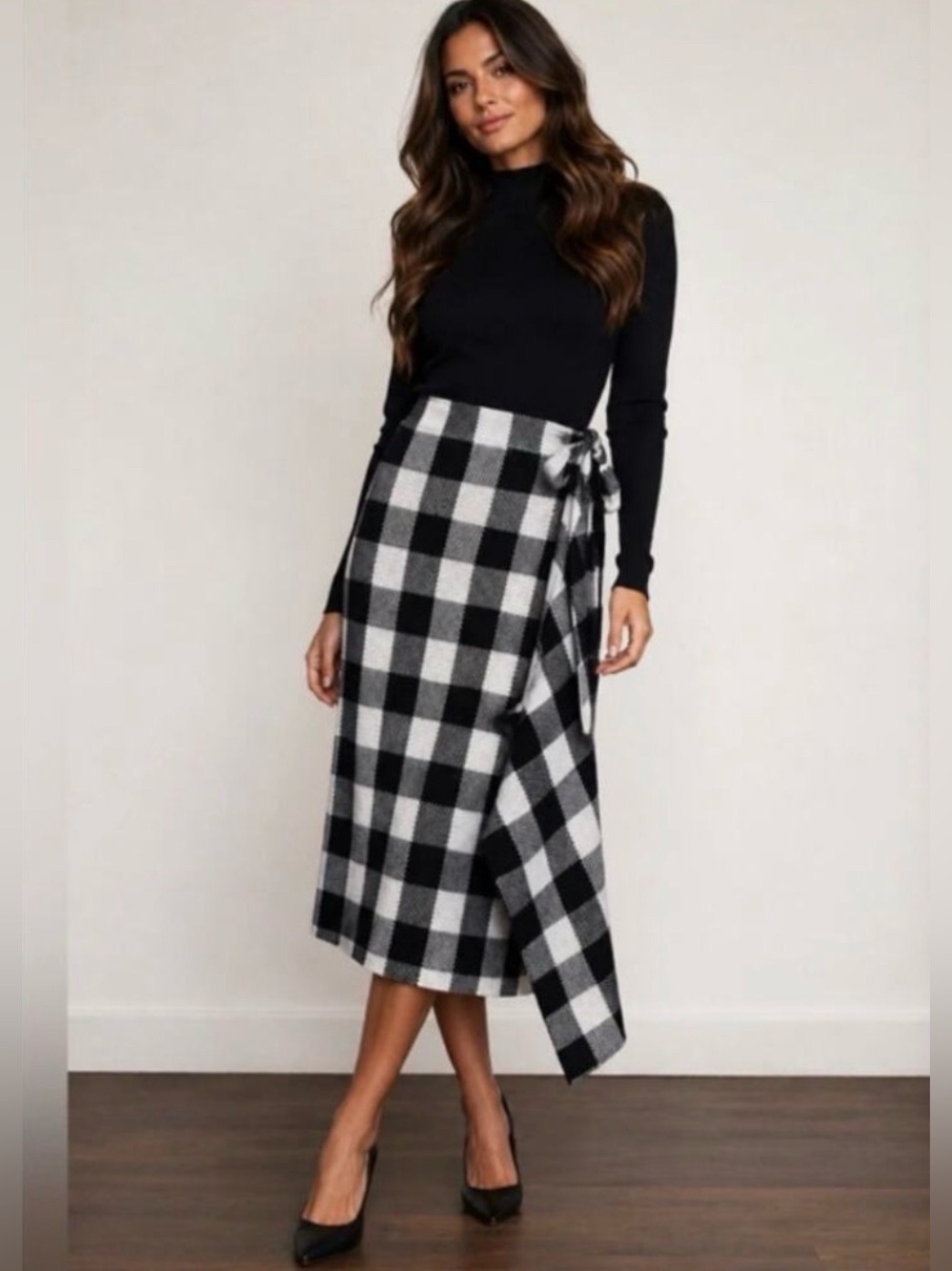 NWT Pomander Place Tuckernuck Gingham Knit Wrap Midi Skirt M Wool Ble